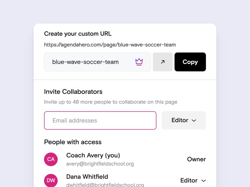 The Agenda Hero share dialog with a custom link and collaborators